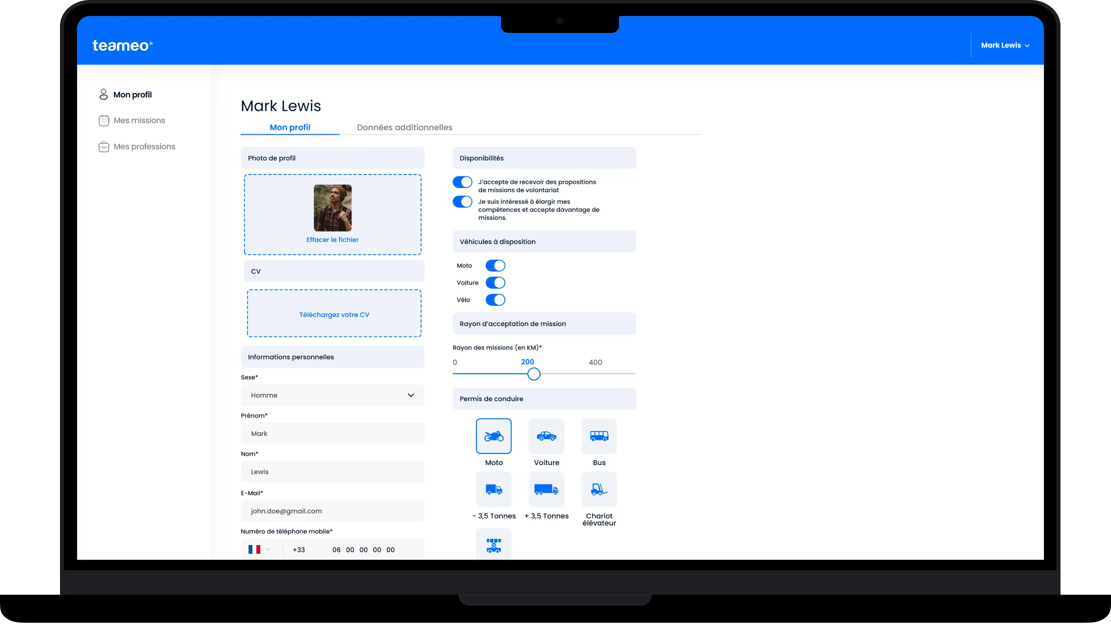 Aperçu de l’application Teameo
